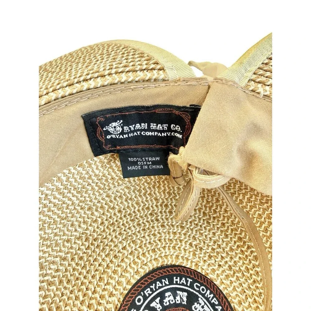 O’Ryan Wide Brim Straw Sun Hat Cream Ribbon Bow Open Back Boho Festival OS